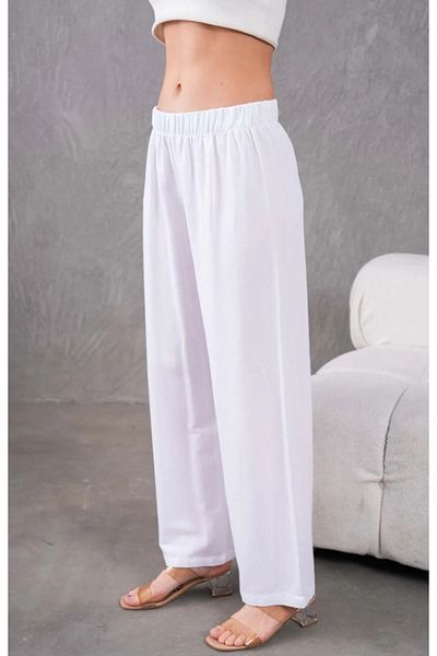Elçelya Moda Women's White Linen Elastic Waist Comfortable Wide Leg Pants