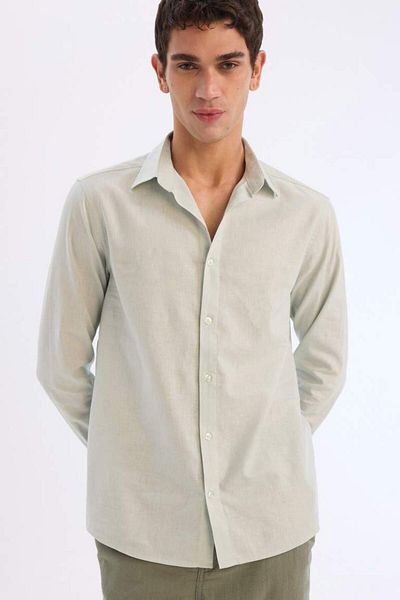 DeFacto Νέα σεζόν Regular Fit Polo Collar Λινό Μικτό καλοκαιρινό μακρυμάνικο πουκάμισο