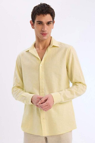 DeFacto Νέα σεζόν Regular Fit Polo Collar Λινό Μικτό καλοκαιρινό μακρυμάνικο πουκάμισο