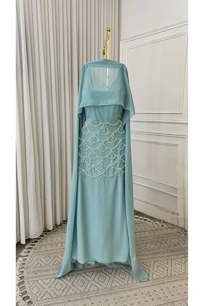 NR FASHION Chiffon dress with beads and long train