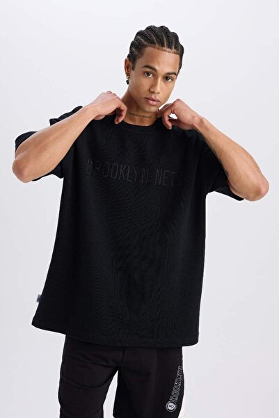 DeFacto Μπλουζάκι με βάφλες NBA Brooklyn Nets - Φαρδιά εφαρμογή, λαιμόκοψη, κοντό μανίκι