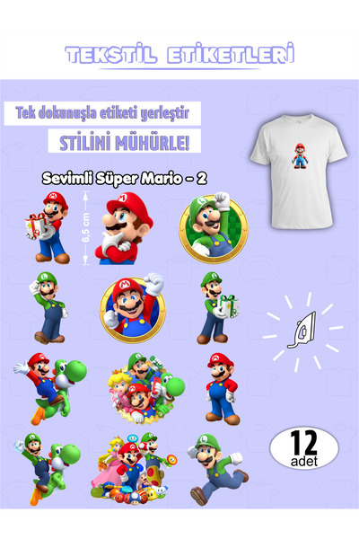 AGG Reklam Ütü Ile Yapışan Kıyafet Etiketi Süper Mario-2 12li Set