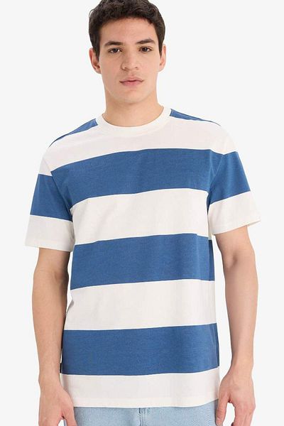 DeFacto Tricou cu mânecă scurtă cu dungi, 100% bumbac, sezon nou