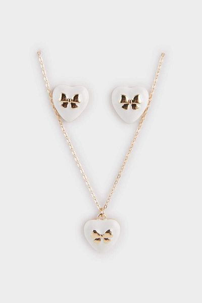 DeFacto Women's White Stone Bow Detailed Necklace Earring Set F0750Axns