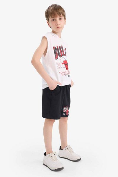 DeFacto تي شيرت بدون أكمام بقلنسوة من New Season Boy NBA Chicago Bulls مكون من قطعتين
