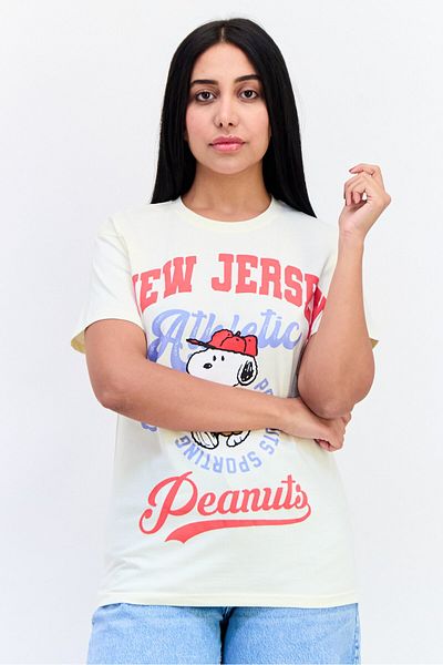 PEANUTS Women Crew Neck Short Sleeves Graphic Print T-shirt, Beige