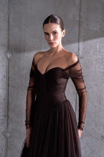 cercis Transparent Tulle Sleeves Strapless Long Evening Dresses