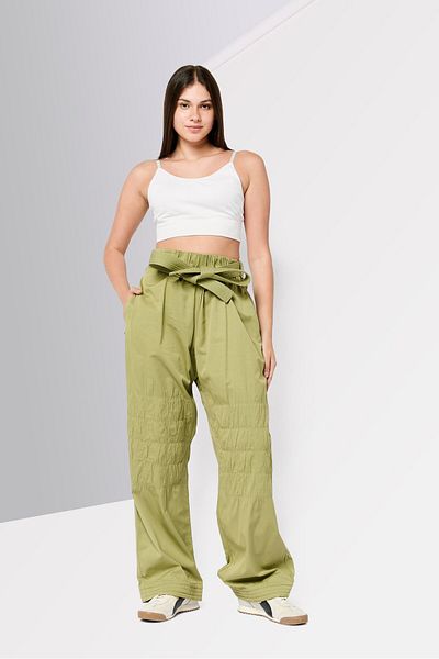 Stella McCartney Women Regular Fit Solid Wide Leg Belted Pants, Olive