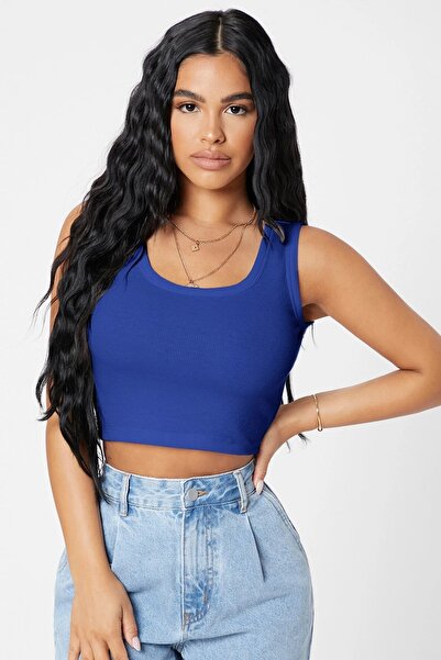 KAHSEN STORE Defnada Women's Navy Blue Square Neck Crop Top Blouse