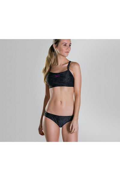 SPEEDO Women Boom Allover Two Piece Swimsuit, Black and Grey