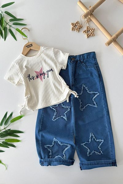 Minigimin Cicileri مجموعة مكونة من قطعتين من بنطلون جينز رفيع بنمط نجمة للفتيات من My Little Minigirl - أزرق