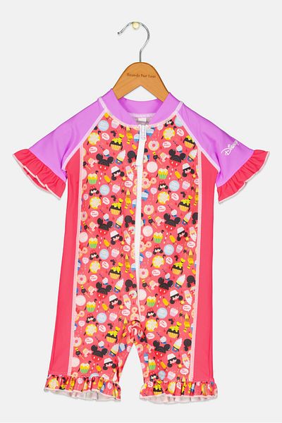 Coega Sunwear Toddlers Girl Allover Print Short Sleeve One Piece Swimwear, Pink/Purple Combo