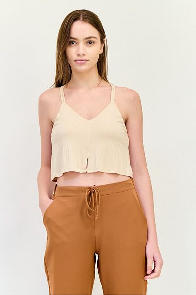 aerie Women V-Neck Sleeveless Textured Tank Top, Tan