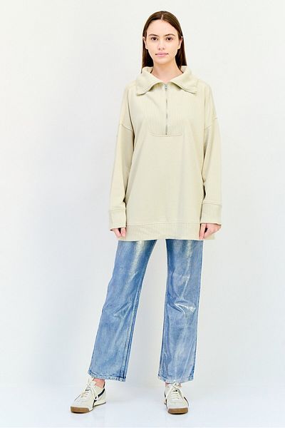aerie Women Spread Collar Long Sleeves Plain Sweatshirt, Beige