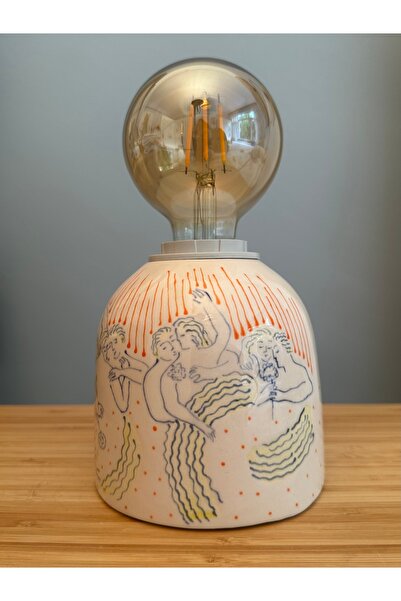 ema El Yapımı Seramik Abajur – Hayalperestler Temalı – Turuncu Çizgili – Deko...