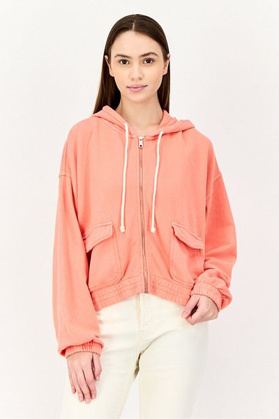 aerie Women Hooded Full Zip Long Sleeve Sweatshirt, Orange