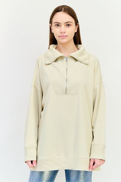 aerie Women Spread Collar Long Sleeves Plain Sweatshirt, Beige