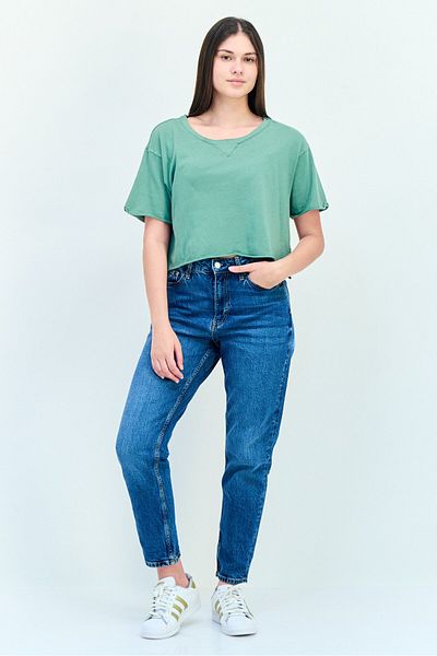 aerie Offline X Aerie Women Round Neck Short Sleeve Solid Crop Top, Dark Sage