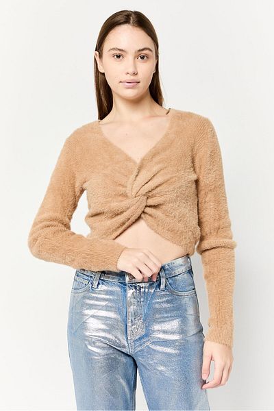 aerie Women Plunging Neck Textured Sweater, Brown