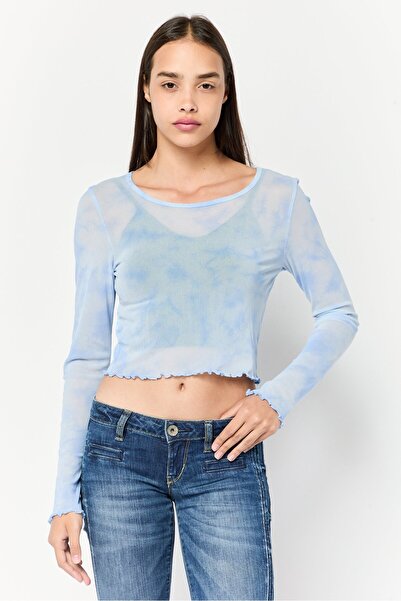 aerie Women Round Neck Long Sleeves Tie Dye Mesh Top, Blue