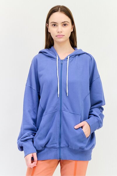 aerie Women Full Zip Plain Long Sleeves Hoodie, Slate Blue