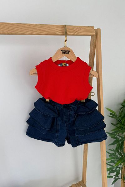 Minigimin Cicileri مجموعة مكونة من قطعتين من ملابس الأطفال البنات مع شورت جينز مكشكش من Miniğimin وقميص داخلي مضلع باللون الأحمر - أحمر