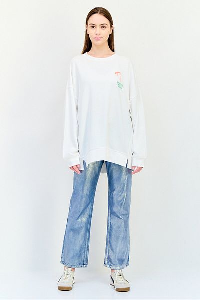 aerie Women Crew Neck Graphic Print Long Sleeve Sweatshirt, White