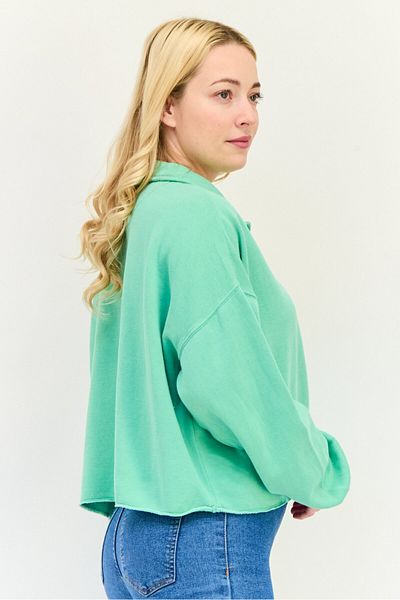aerie Women Spread Collar Neck Solid Long Sleeves Sweatshirt, Green