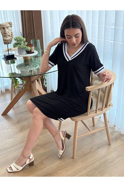 İpeksi Silky Women's Short Sleeve V Neck Rib Detail Pocket Knee Length Viscose Dress