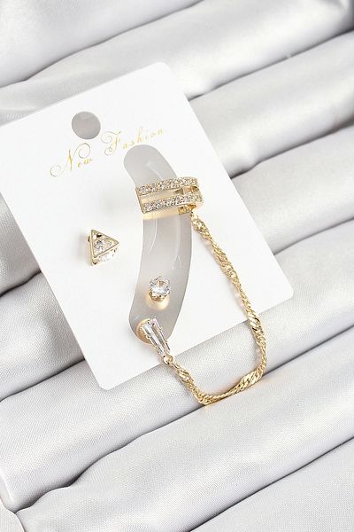 Clariss Brass Triangle Figured Zircon Stone Gold Color 3-Piece Cartilage Women's Earring Set