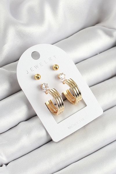 Store طقم أقراط نسائية مكونة من 3 أزواج من الذهب مع أحجار الزركون والنحاس