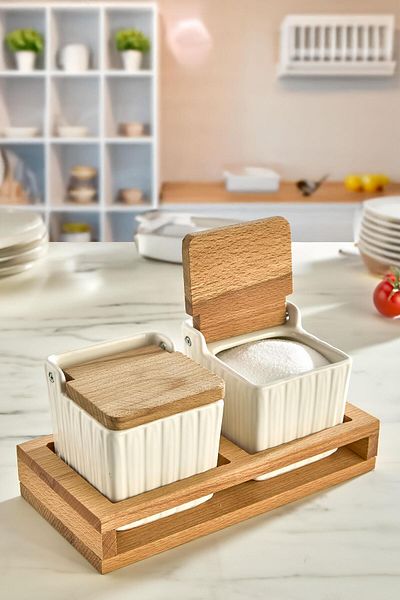 İLİVA 2' Salt Pepper Spice Rack Storage Container with Wooden Stand - Salt Container, Pepper Shaker
