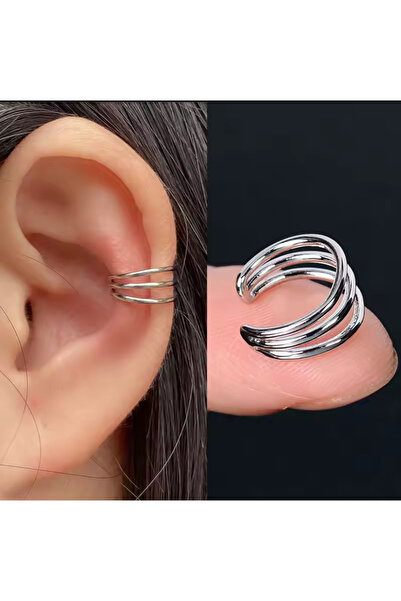 AychaAksesuar Çelik gümüş renk deliksiz geçirmeli 3’lü görünen kıkırdak küpe