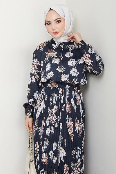 InStyle Satin Floral Black Pleated Skirt Suit