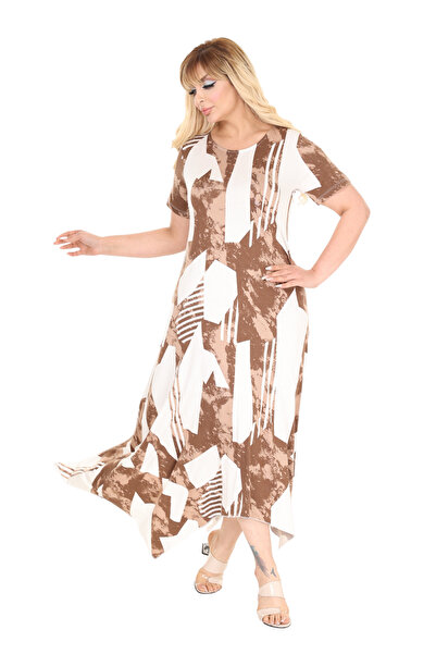 MELSAY Γυναικείο κοντομάνικο ασύμμετρο λευκό καφέ vintage μοτίβο φόρεμα σε μεγάλο μέγεθος