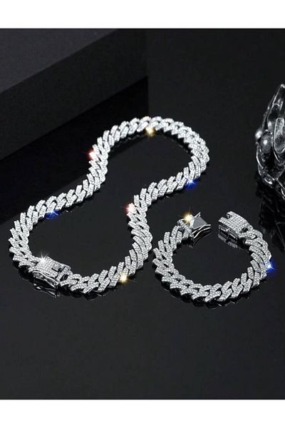 La Saade Cuban Chain Stone Chain Necklace-Bracelet Set
