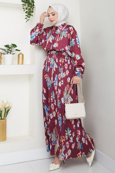 InStyle Set de fuste plisate burgundy cu flori din satin
