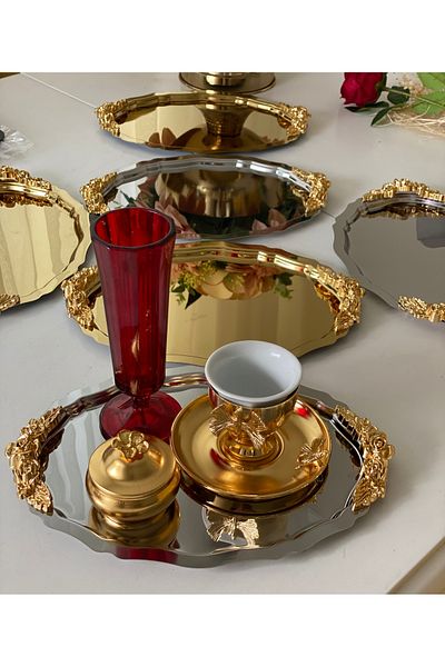 SEVA ÇELİK نموذج مقبض بيضاوي ذهبي وفضي مقاس 20*25 سم 6 قطع صينية عرض