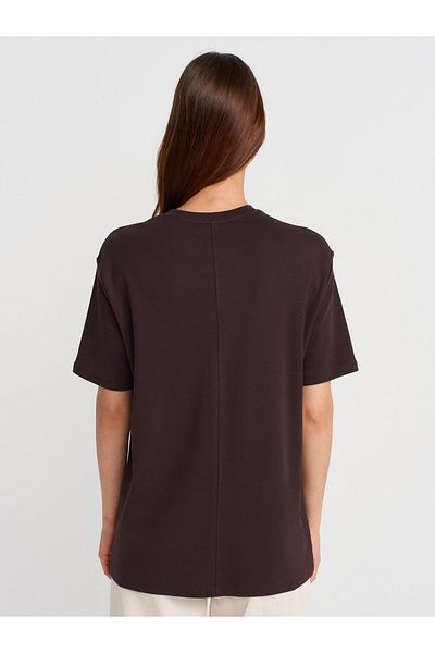Dilvin 31218 Stitch Detailed T-Shirt-Dark Brown