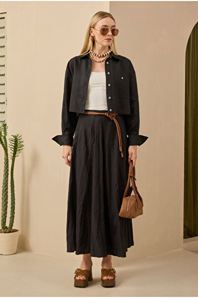 HEQA Parçalı Keten Etek Siyah