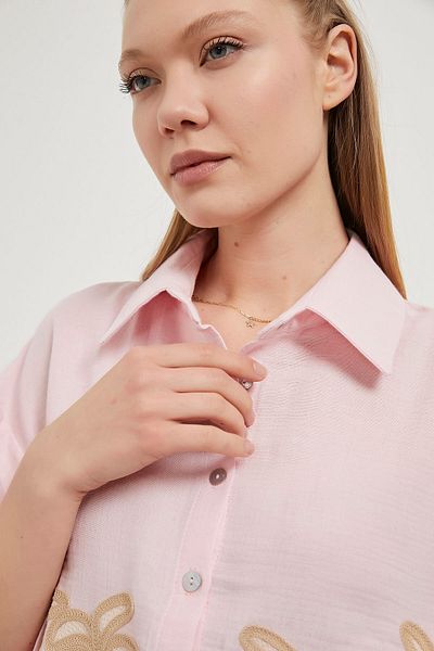 Arma Life Cămașă de muselină roz de vară cu mânecă scurtă cu model pentru femei