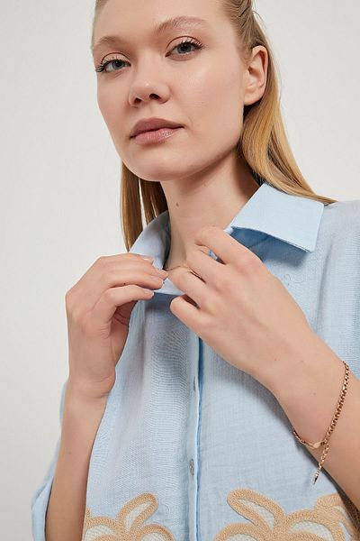 Arma Life Cămașă de muselină albastră de vară cu mâneci scurte cu model pentru femei