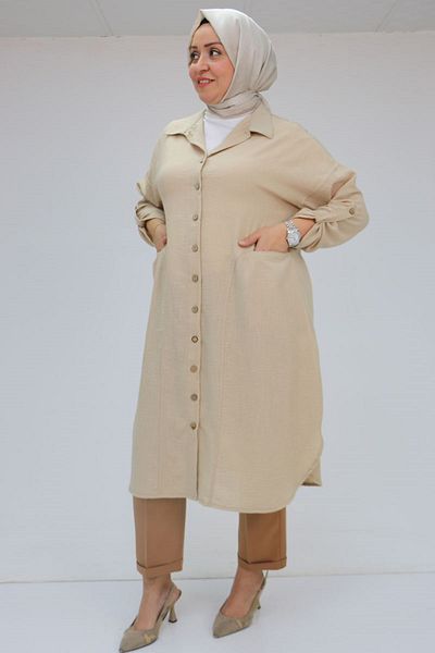 Eslina 58071 Large Size Linen Shirt with Front Pockets - Beige