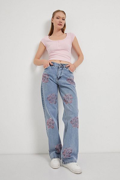 Arma Life Women's Patterned Stone Ice Blue Baggy Jeans