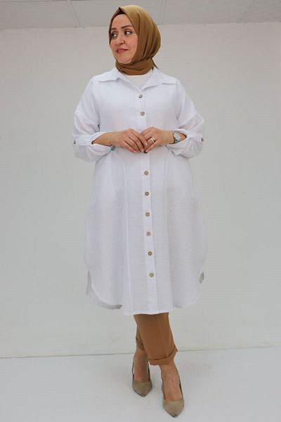 Eslina 58071-1 Large Size Muslin Shirt with Front Pockets - Ecru