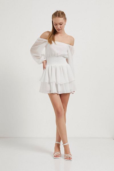 Arma Life Women's Waist Gipeli Off-The-Shoulder White Mini Chiffon Dress
