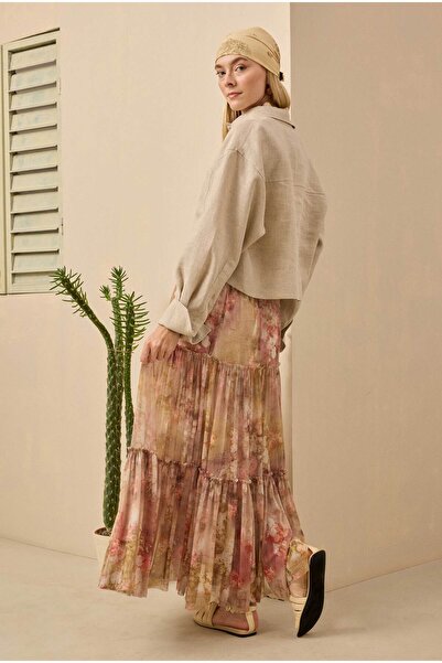 HEQA Katlı Tül Etek Floral Desen Yağ Yeşili