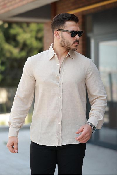 Miron Beige Plain Long Sleeve Regular Fit Shirt - 2526