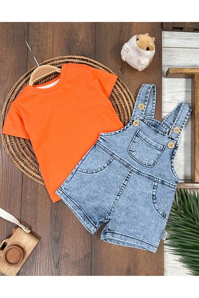 Adda Baby Denim Salopet Lycra Shoulder Snap Fastener Cotton Badi Kangaroo Pocket Summer Baby Boy Set
