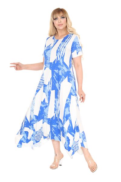 MELSAY Women's Short Sleeve Asymmetrical Cut White Blue Vintage Pattern Plus Size Dress